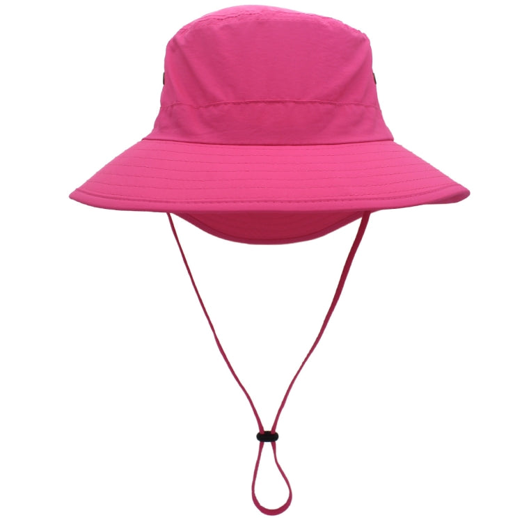 Rose pink outdoor fisherman cap with wide brim and chin strap.