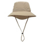 Beige outdoor fisherman cap with wide brim and chin strap.