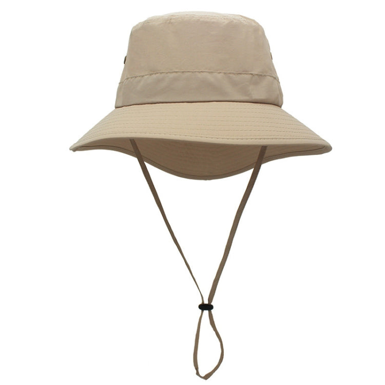 Beige outdoor fisherman cap with wide brim and chin strap.