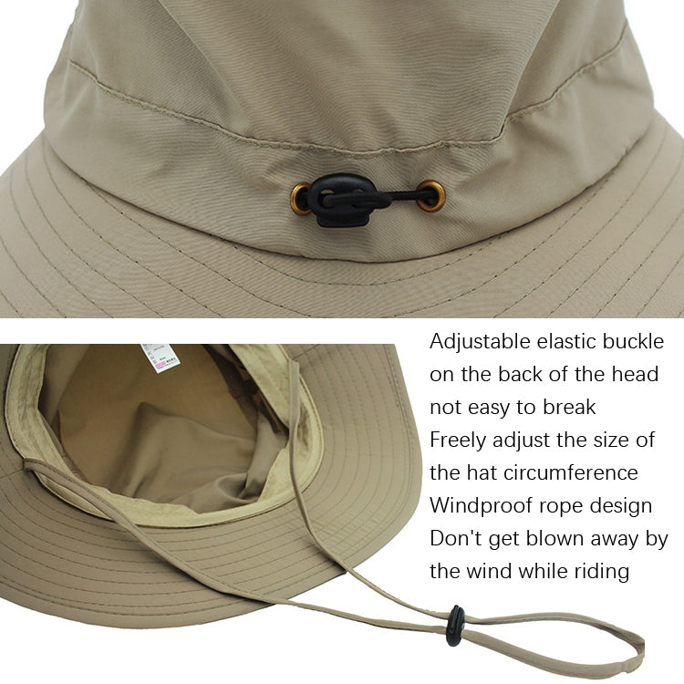 Light khaki fisherman's cap with adjustable elastic buckle and chin cord