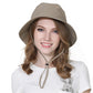 Light khaki wide-brim fisherman's cap with tie chin strap