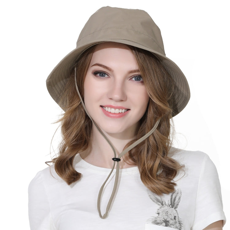 Light khaki wide-brim fisherman's cap with tie chin strap
