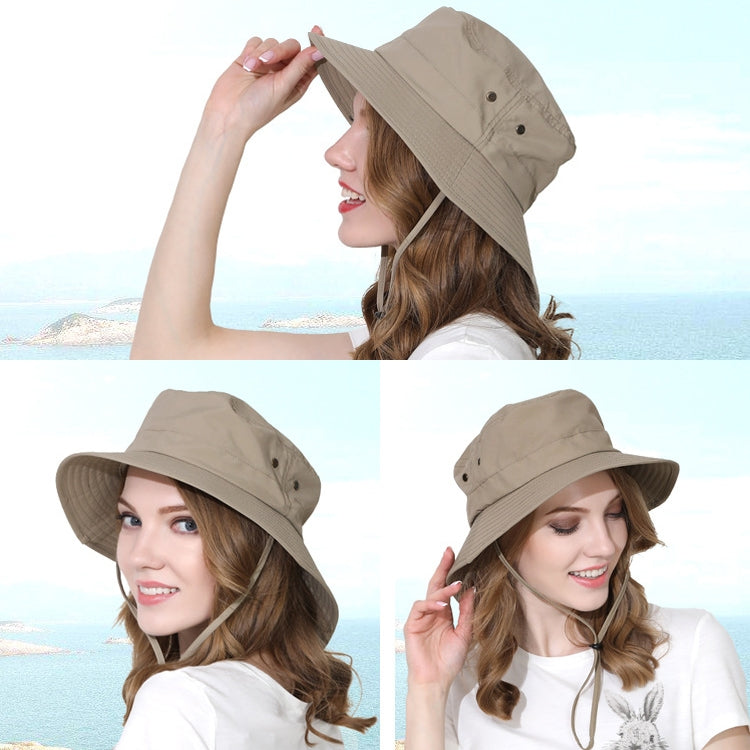 Light khaki wide-brim fisherman's cap with eyelets and chin ties