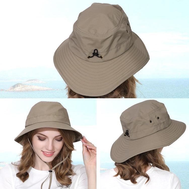 Light khaki fisherman's cap with curved brim and adjustable chin cord