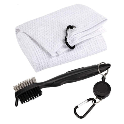 White golf cleaning towel and black club cleaning brush set with hook clip