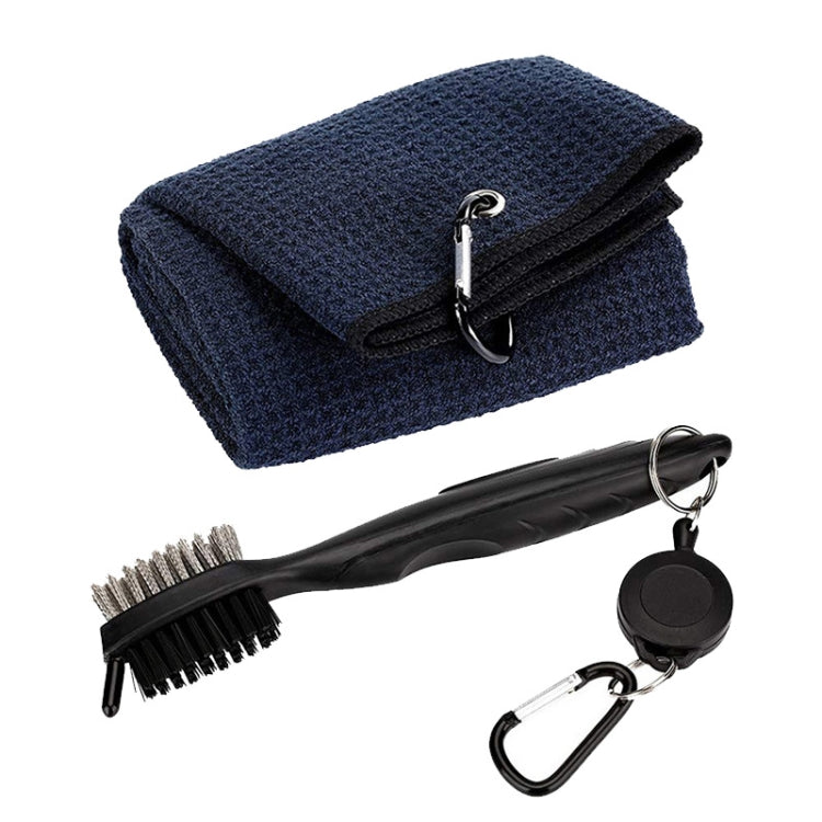 Navy golf cleaning towel and black club cleaning brush set with hook clip