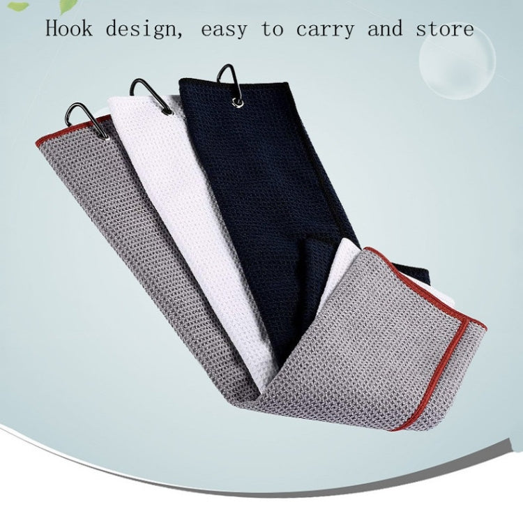 Golf towel set with hook loops in white, grey, navy, and dark navy