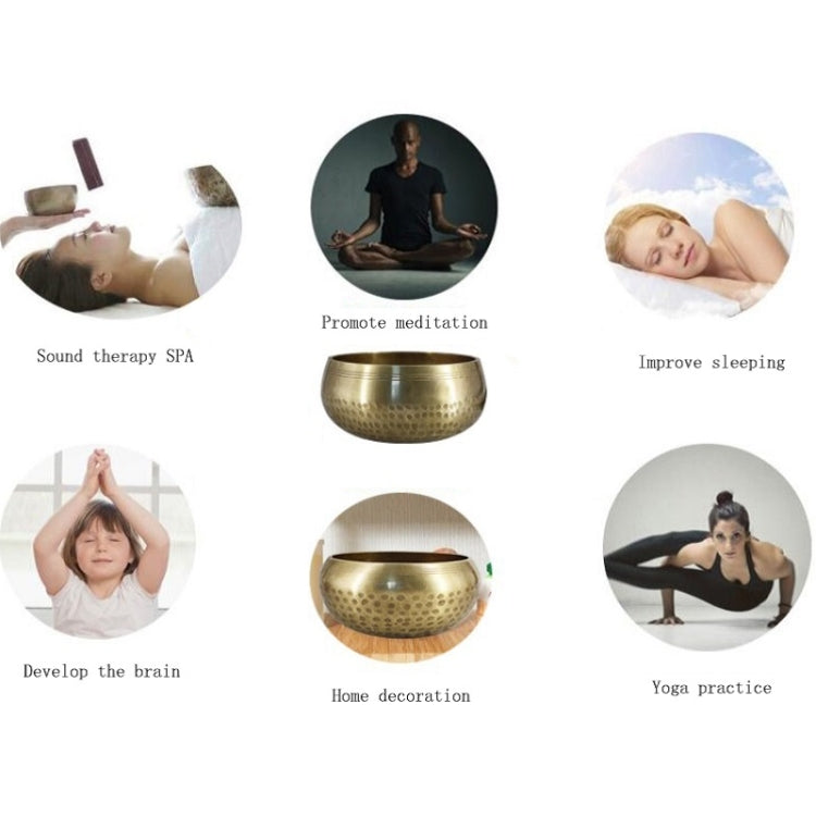 Buddha metal sound bowl with small use icons around it