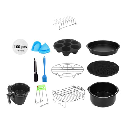 12-piece air fryer baking accessories set with black pans, grill racks, silicone tools