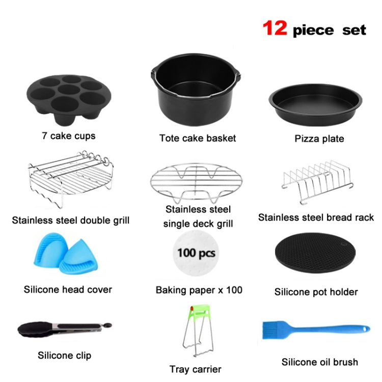 Air fryer accessory set: black cake cups, pizza plate, stainless racks, silicone tools