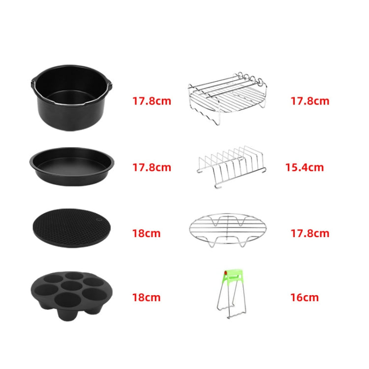 Air fryer baking accessories set with size guide: pans, rack, silicone pot holder, covers