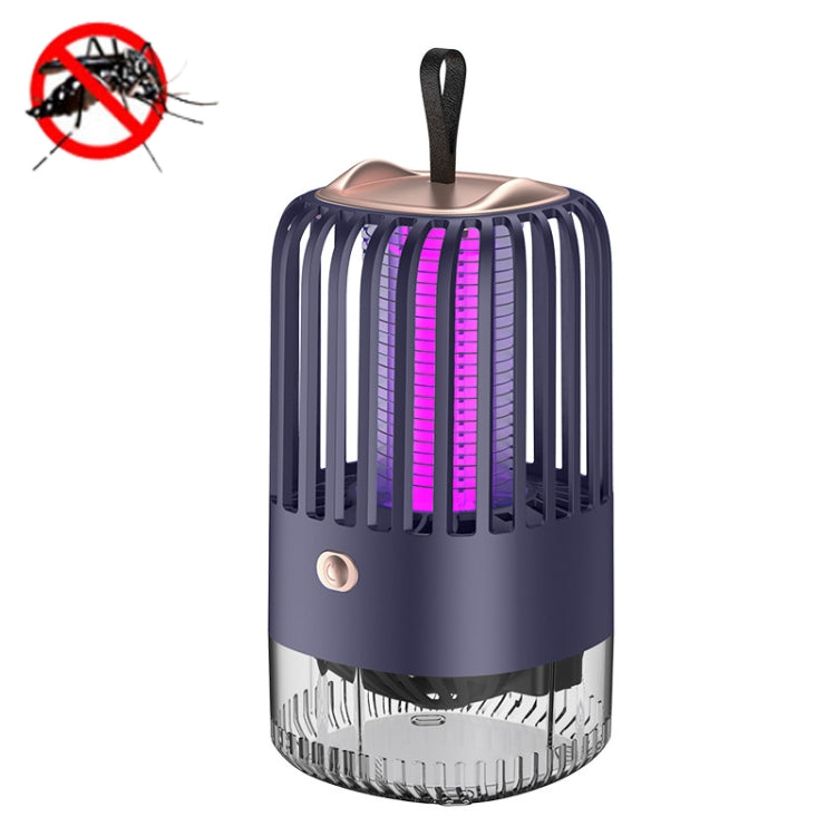 Dark blue USB mosquito repellent light with cage grid, pink UV bars, top handle