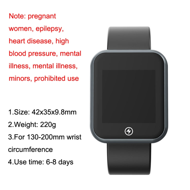 Shock smart watch front view with dark rectangular screen on black wrist strap