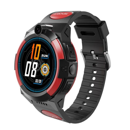 Children 4G waterproof smartwatch with red bezel and black silicone strap, round touch screen
