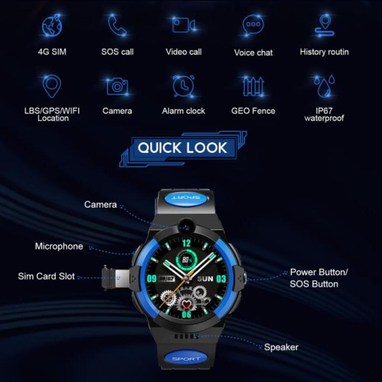 Children 4G waterproof smartwatch with round display, black body and red accents