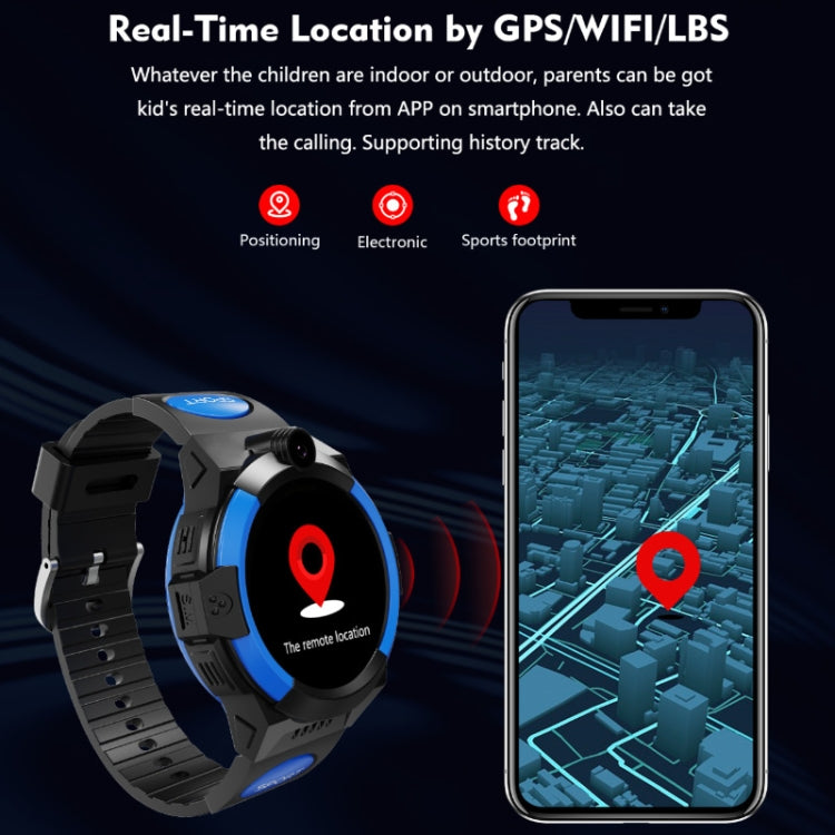 Children 4G waterproof smartwatch with black case, red ring, and silicone strap