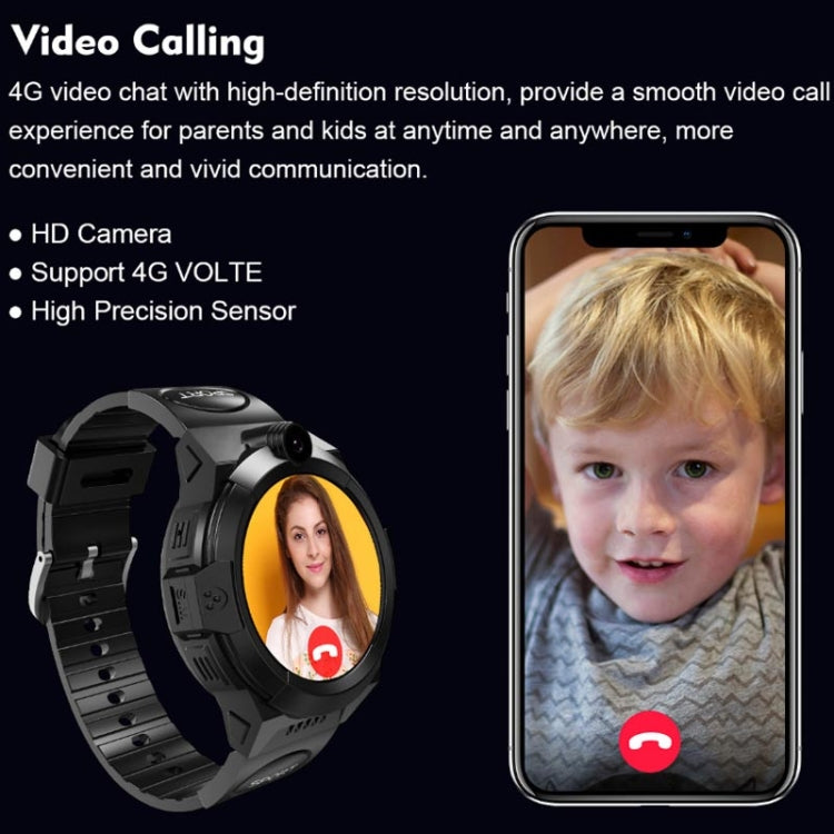 Children 4G waterproof smartwatch with red bezel and black strap, round camera lens