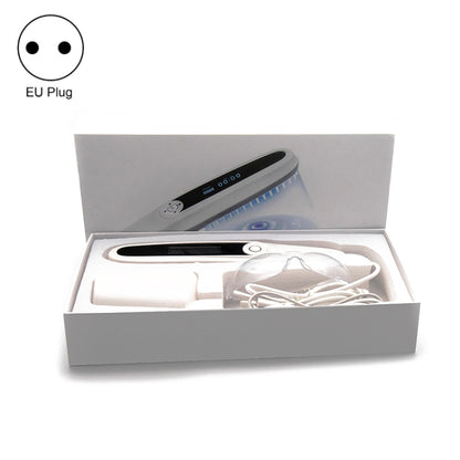 UV light therapy lamp kit with EU plug, white handheld unit, power cord, and box packaging