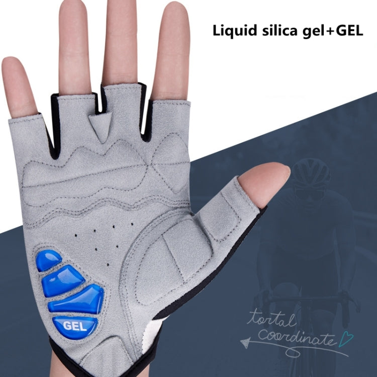 Gray bicycle half-finger gloves with blue gel palm pads and cushioned knuckle panels
