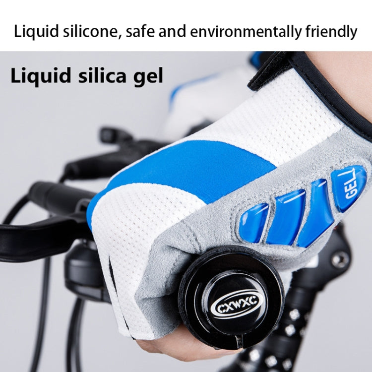White and black bicycle half-finger gloves with blue gel palm insert and silicone grip