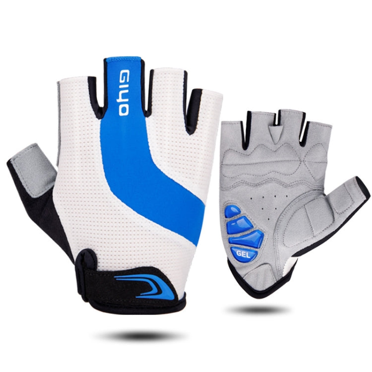 White and blue half-finger cycling gloves with gel palm shock pads