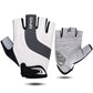 White half-finger cycling gloves with black accents and gel palm shock pads