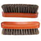 Brown wooden shoe dust brush with dense dark bristles, top and side views
