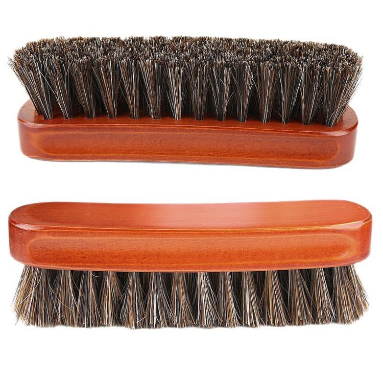 Brown wooden shoe dust brush with dense dark bristles, top and side views