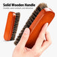 Wood handle shoe dust brush with dense dark bristles for cleaning and polishing