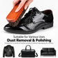 Shoe dust brush held beside a black lace-up leather shoe for dust removal