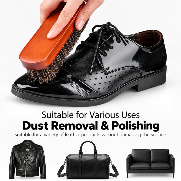 Shoe dust brush held beside a black lace-up leather shoe for dust removal