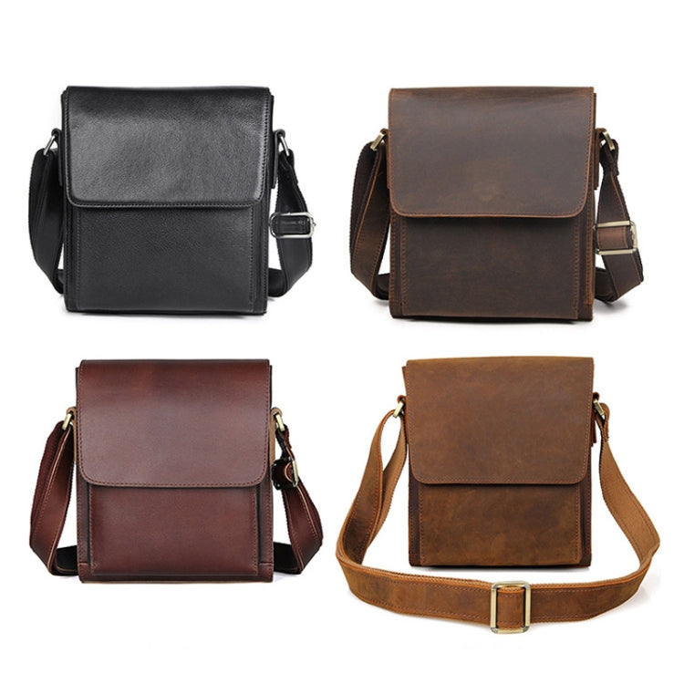 Leather messenger bag set with front flaps in black, brown, burgundy, and tan.