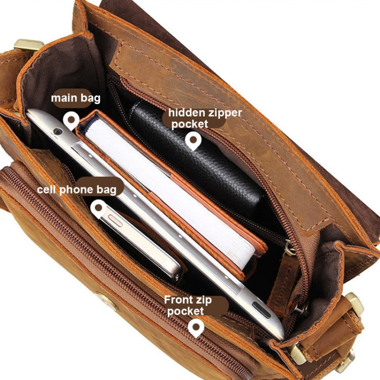 Brown leather messenger bag interior with front pocket and hidden zip pocket.