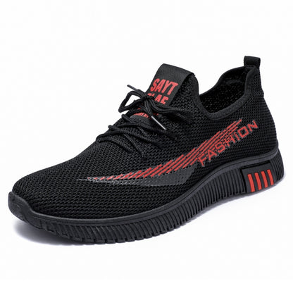 Men's black knit walking shoes with lace-up mesh upper and red side stripe