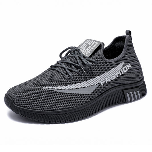 Gray knit walking shoe with white side accents, lace-up front and ridged sole