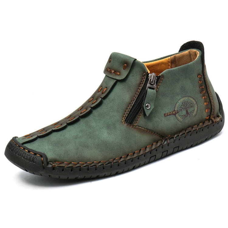 Men's casual ankle boots in green with side zipper, buckle strap, and decorative stitchwork