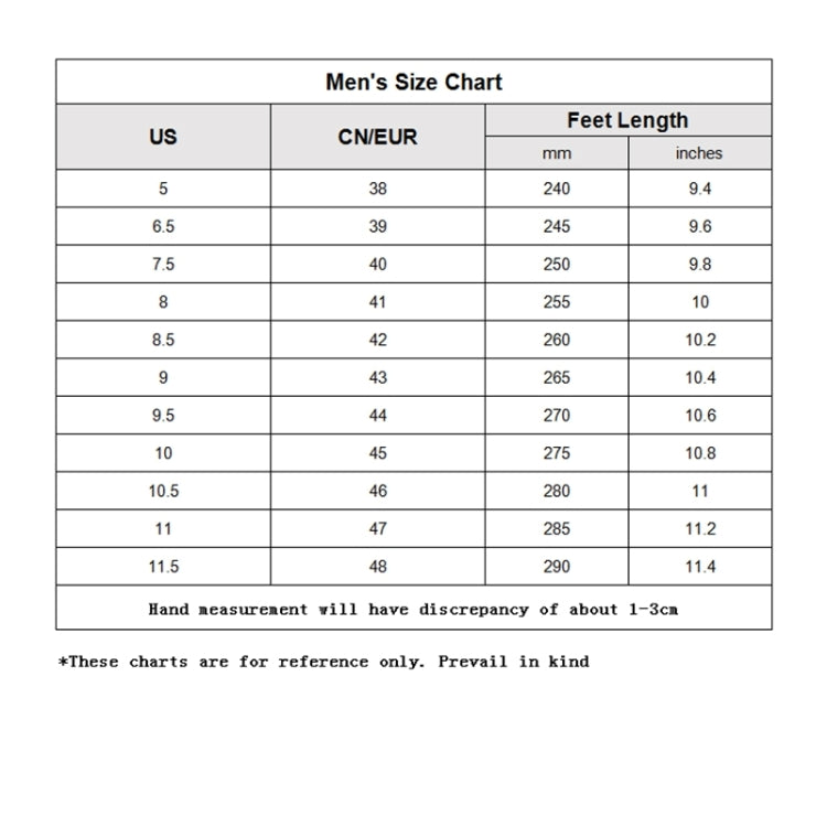Men's size chart showing US, CN/EUR, and foot length in inches