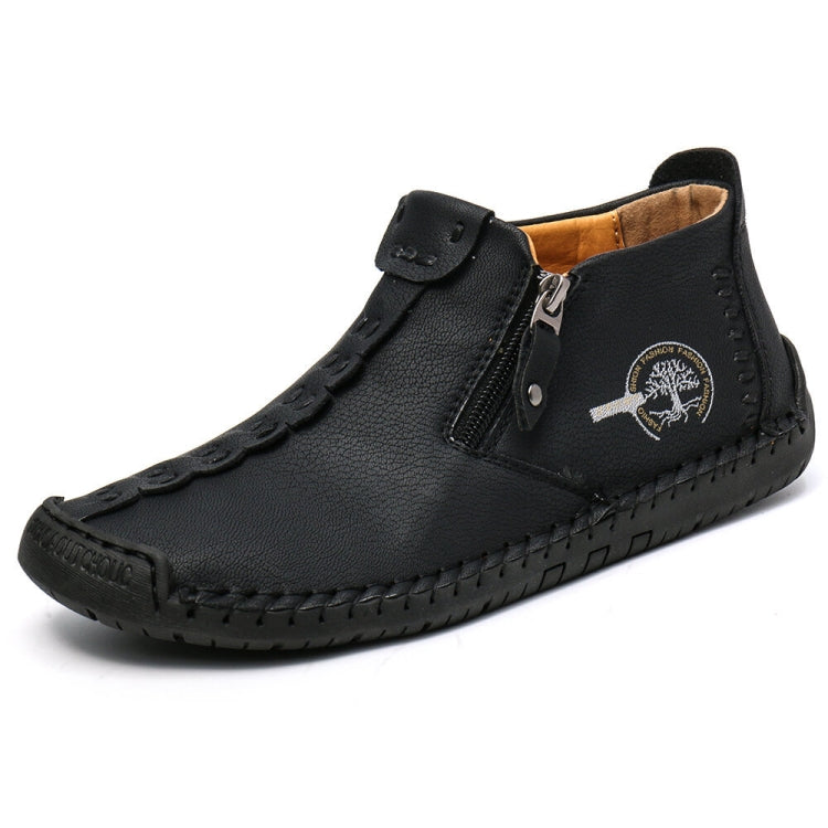 Men's martin boots, black leather with side zipper, buckle strap, and stitched trim
