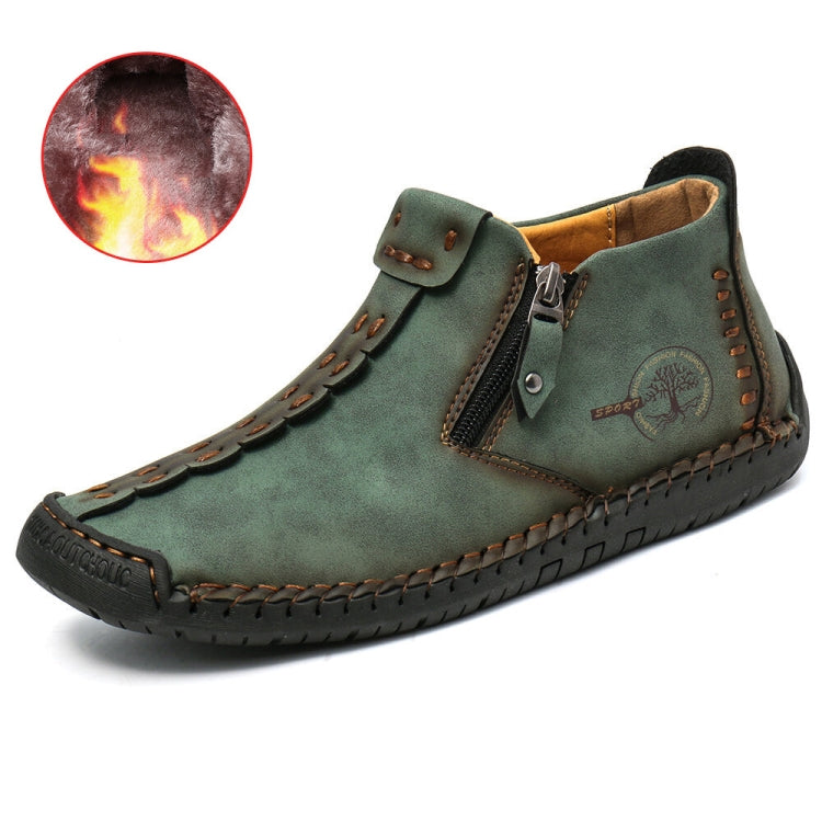 Green suede ankle boots with side zipper and buckle strap with contrast stitching
