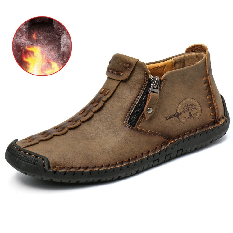Brown men’s slip-on boots with side zipper, stitched trim, and rubber outsole