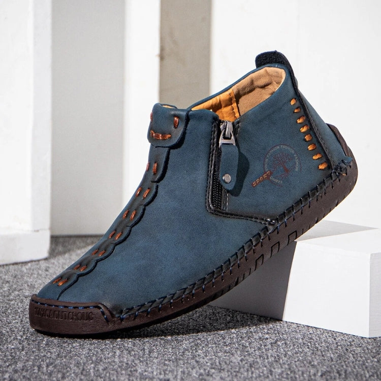 Men’s suede lace-up ankle boots, blue with side zipper and moc-toe stitching