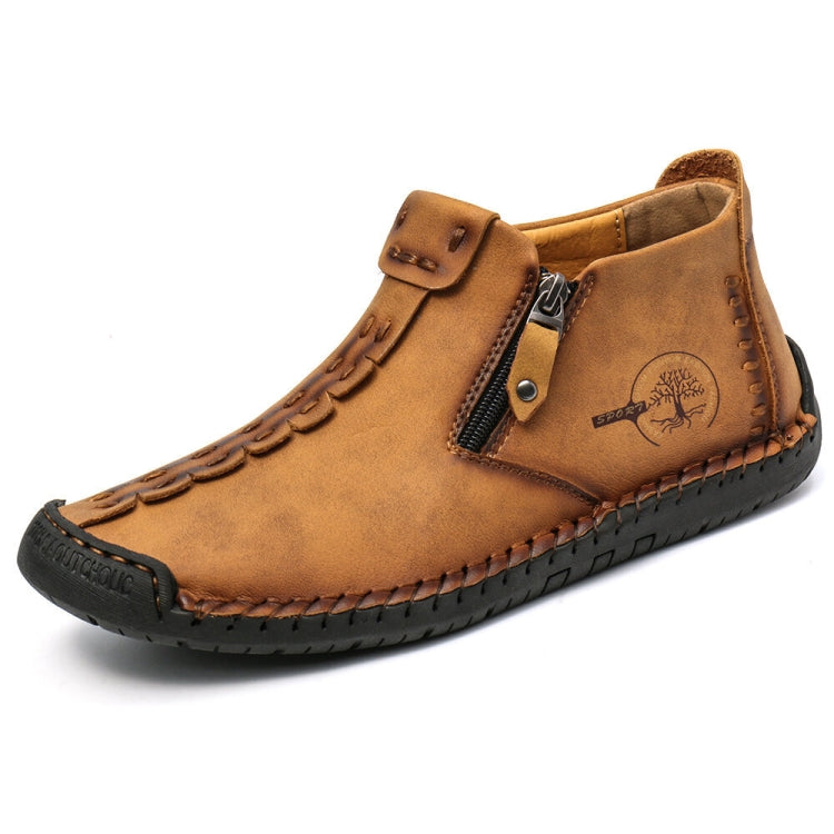 Men’s suede ankle boots, tan/brown with side zipper and leather moc-toe stitching