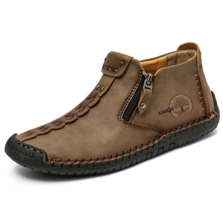Men’s suede ankle boots, dark tan/khaki with side zipper and moc-toe stitching