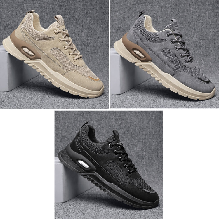 Height-increasing running shoes in beige, gray, and black, each with lace-up front