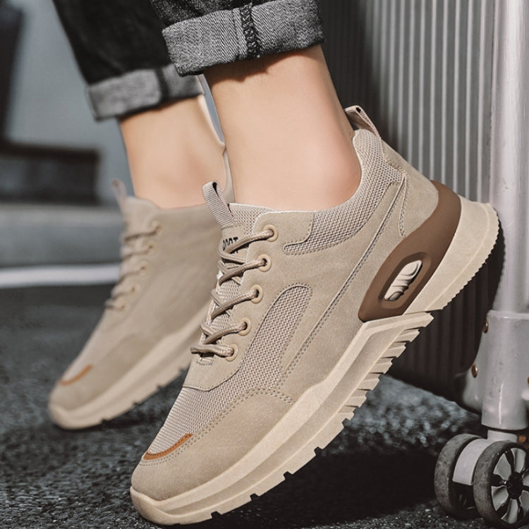 Beige lace-up athletic sneakers with rubber outsole and side logo