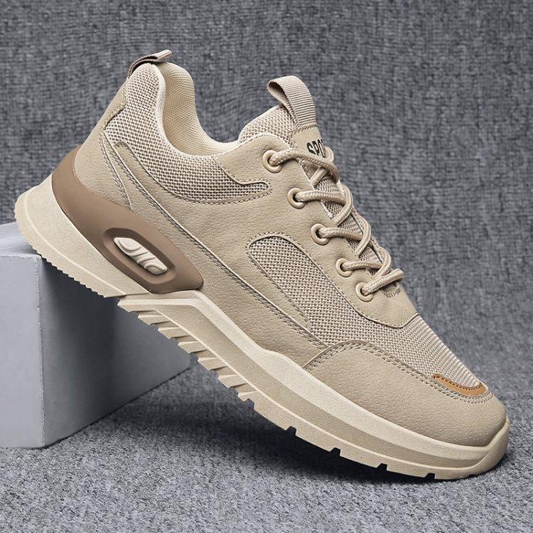 Men's height-increasing running shoe, khaki knit upper, lace-up, thick platform sole