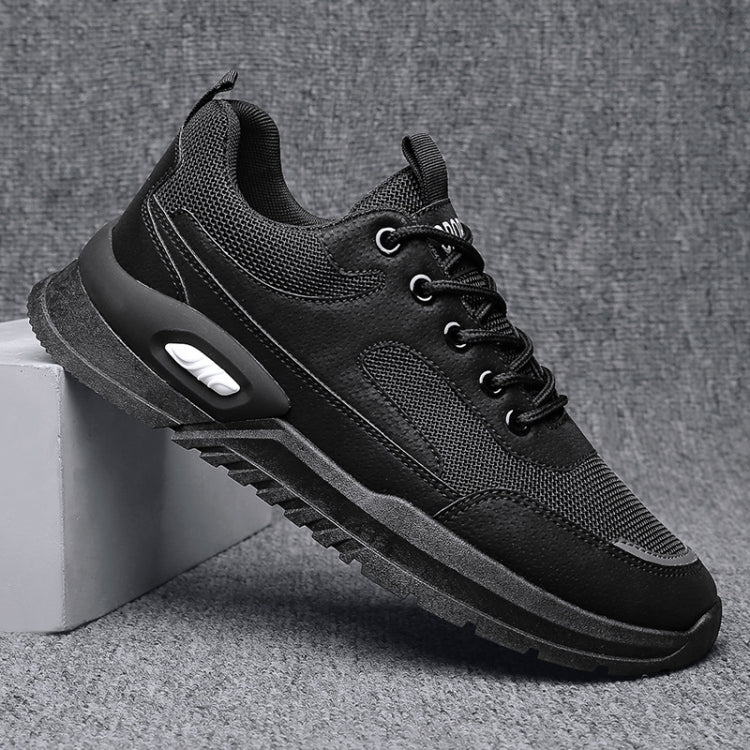 Men's height-increasing running shoe, black knit upper, black laces, thick platform sole