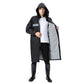 Black hooded reflective raincoat with long coat cut and button front