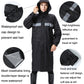 Black waterproof raincoat with hood, reflective panels, and hook-and-loop cuffs.