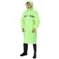 Fluorescent green hooded reflective raincoat with button closure and chest pocket